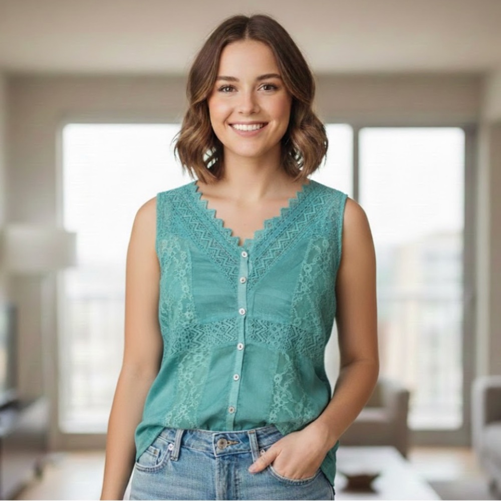 Blue Green Lace Sleeveless Top